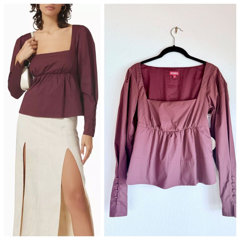 NWT STAUD Peggy Square Neck Long Sleeve Babydoll Top in Plum Burgundy Size XS